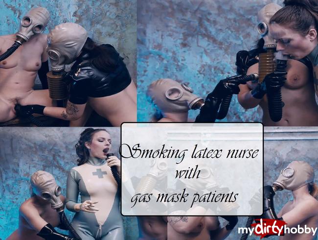 Smoking latex nurse with gas mask patients