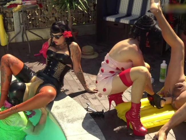 Carmen Rivera & Lady Vampira are celebrating a pool party with their slaves 4