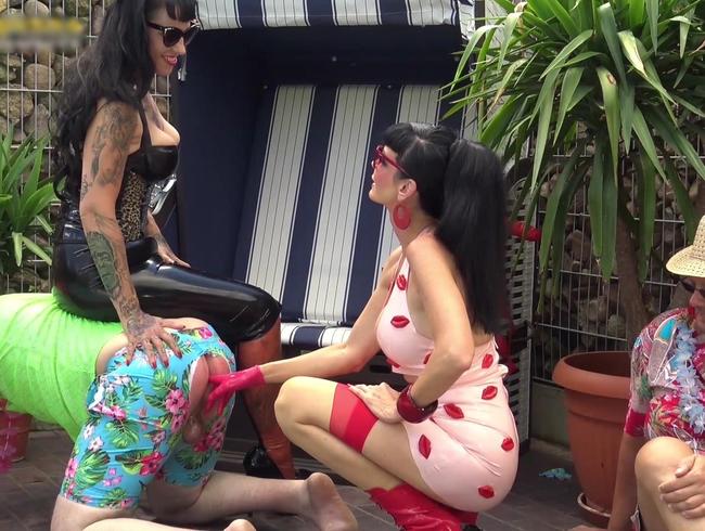 Carmen Rivera & Lady Vampira are celebrating a pool party with their slaves in the Femdom Empire Par